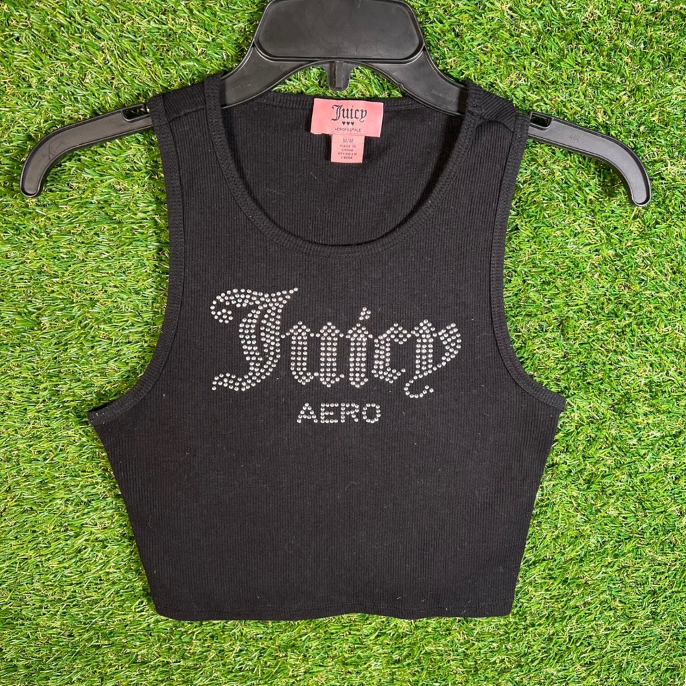 Juicy Couture Aeropostale Black Ribbed Rhinestone Logo Crop Tank Top Medium